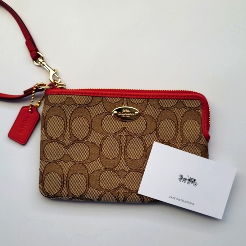 COACH Red and Khaki Signature Canvas Corner Zip Wristlet